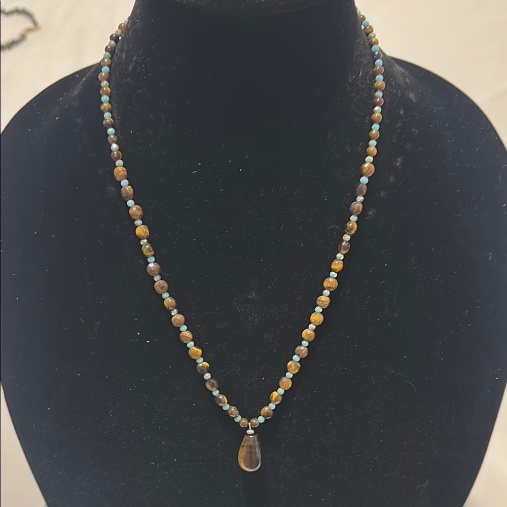 Tiger Eye Beaded Necklace with Teardrop Pendant. Unique & gorgeous.